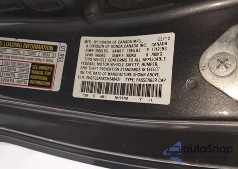 2012 Honda Civic Lx из США, поврежденный, VIN 2HGFG3A5XCH548431